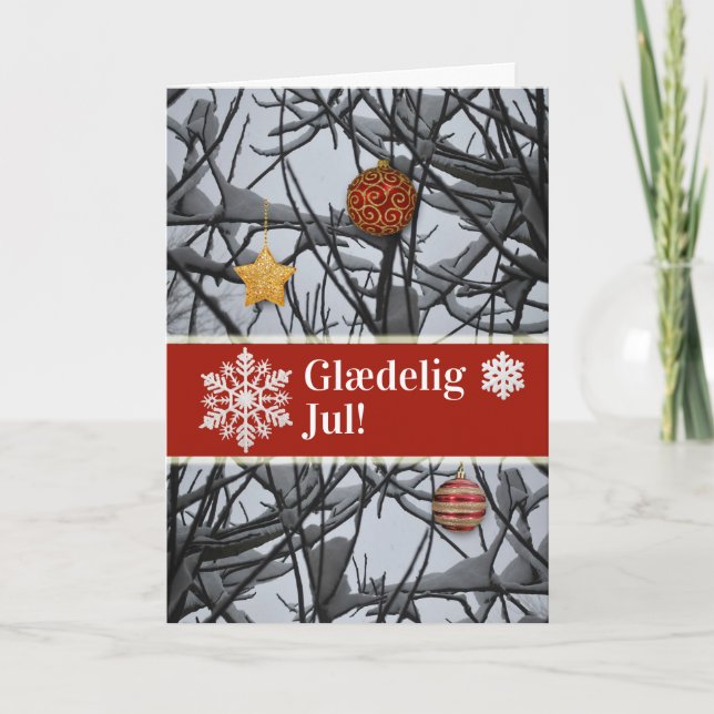Tarjeta Festiva Ornamentos navideños daneses en ramas nevadas (Anverso)