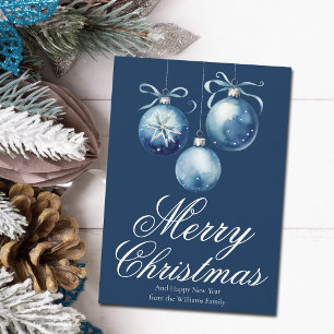 Tarjeta Festiva Ornamentos navideños de moda azul merry personaliz