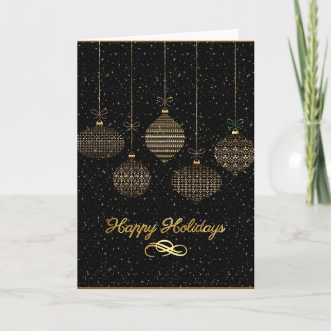 Tarjeta Festiva Ornamentos navideños de oro retro Felices fiestas (Anverso)