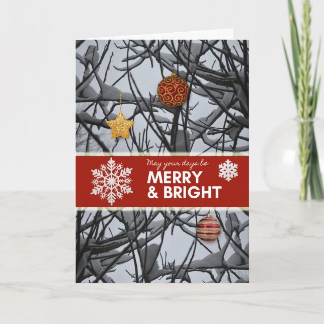 Tarjeta Festiva Ornamentos navideños en ramas nevadas (Anverso)