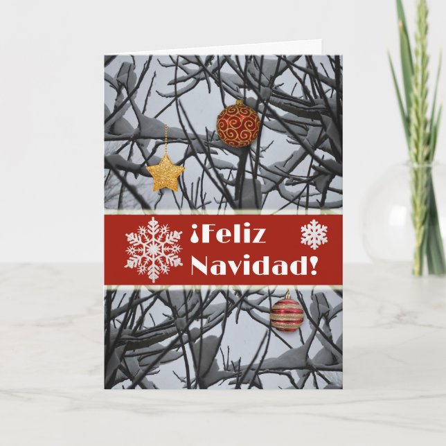 Tarjeta Festiva Ornamentos navideños españoles en ramas nevadas (Anverso)