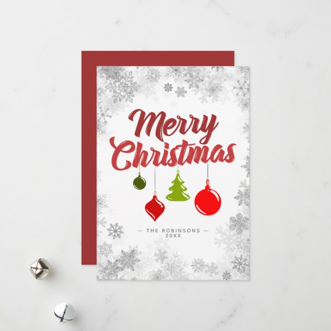 Tarjeta Festiva Ornamentos navideños felices marco de copos de nie (Anverso/Reverso In Situ)