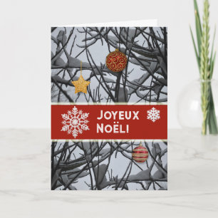 Tarjeta Festiva Ornamentos navideños franceses en ramas nevadas