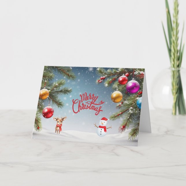 Tarjeta Festiva Ornamentos navideños, hombre de nieve, reno (Anverso)