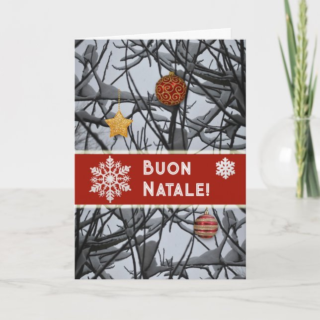 Tarjeta Festiva Ornamentos navideños italianos en ramas nevadas (Anverso)