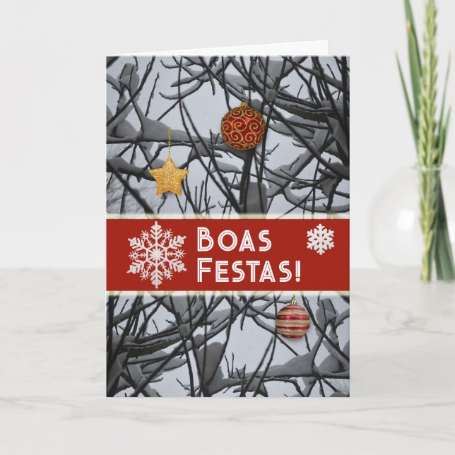 Tarjeta Festiva Ornamentos navideños portugueses en ramas nevadas (Anverso)