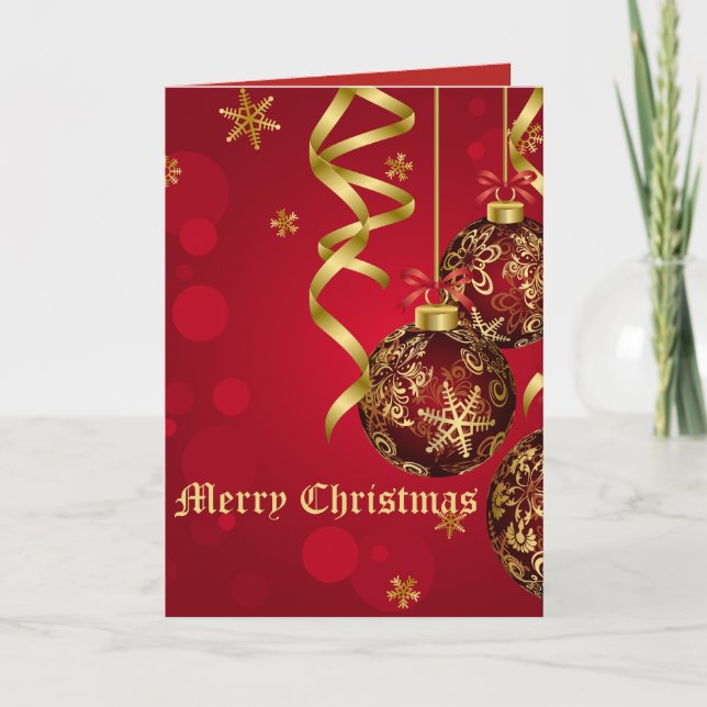 Tarjeta Festiva Ornamentos navideños rojos y dorados de moda (Anverso)