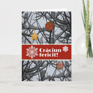 Tarjeta Festiva Ornamentos navideños rumanos en ramas nevadas