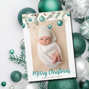 Tarjeta Festiva Ornamentos navideños verde azulados Foto vertical