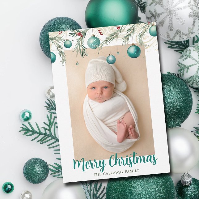 Tarjeta Festiva Ornamentos navideños verde azulados Foto vertical (Subido por el creador)