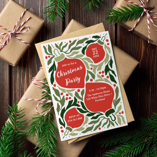 Tarjeta Festiva Ornamentos navideños y fiesta navideña (Christmas Holiday Party Invitation with extra text on the back. Perfect for ornament exchange party)