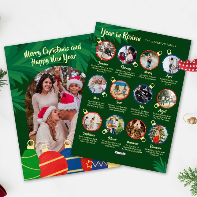 Tarjeta Festiva Ornamentos retro arqueados Año en revisión foto fa (Elegant vintage green Christmas Year in review photo card with retro Christmas ornaments )