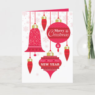 Tarjeta Festiva Ornamentos Retro Rojo Con Copos De Nieve Rosados E