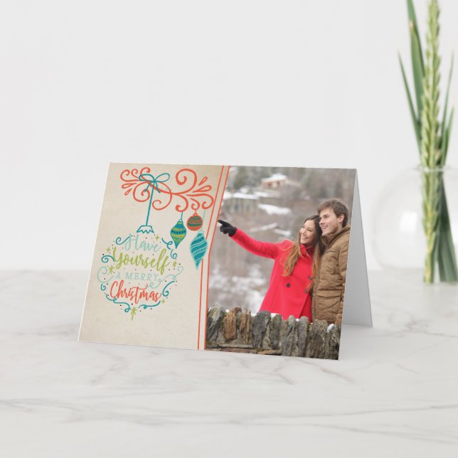 Tarjeta Festiva Ornamentos retro y bauble navideño de Feliz - Foto (Anverso)