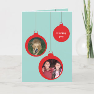Tarjeta Festiva Ornamentos rojos colgando fotos Navidades de bienv