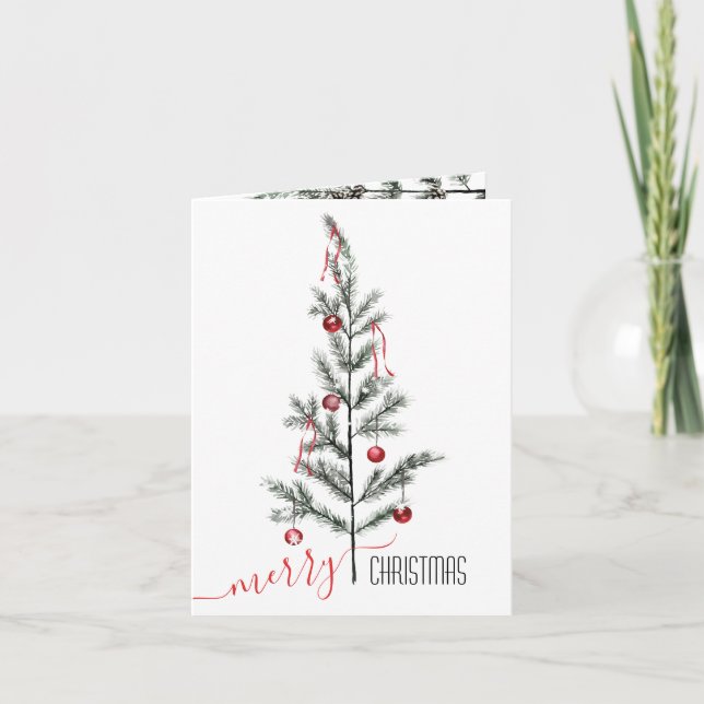 Tarjeta Festiva Ornamentos rojos de árbol de peluca escaso Feliz N (Anverso)