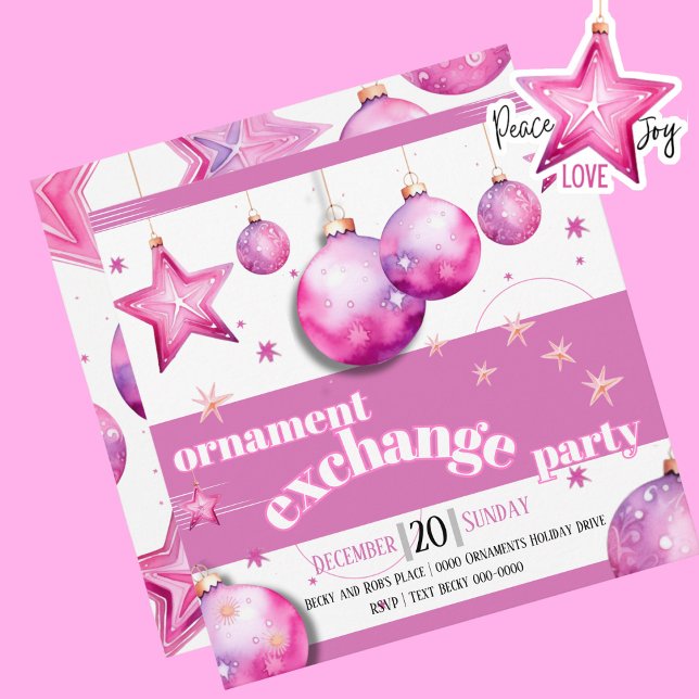 Tarjeta Festiva Ornamentos rosas con Fiesta de balbuceo y estrella (Holiday pink ornament exchange party invitations.  Bold and bright for your Christmas party. )