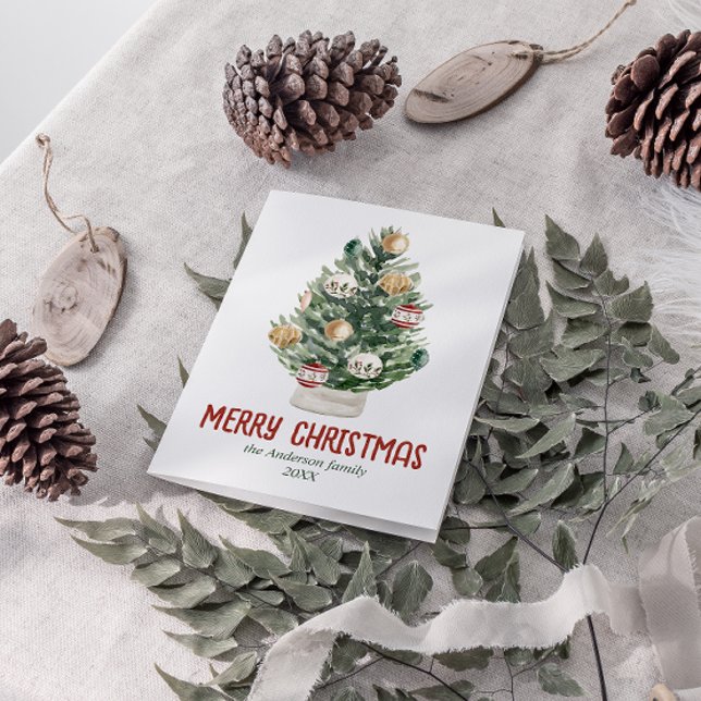 Tarjeta Festiva Ornamentos verdes color de agua Árbol Feliz Navida (Subido por el creador)