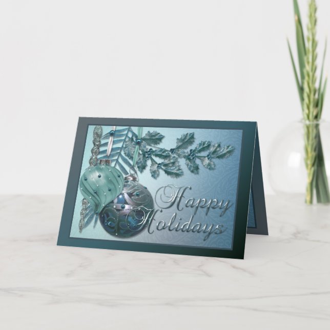 Tarjeta Festiva Ornamentos X-Mas azules elegantes (Anverso)