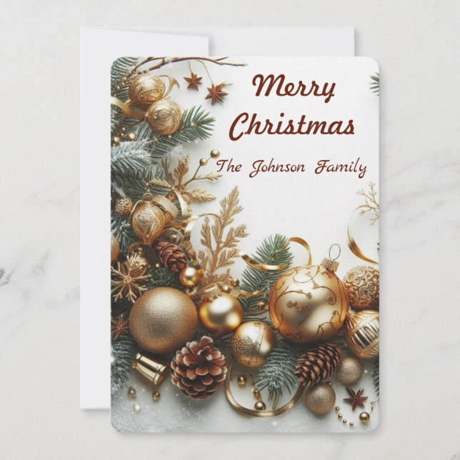 Tarjeta Festiva Ornamentos y ramas de oro de navidades (Anverso)