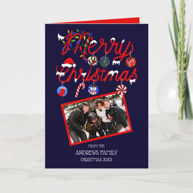 Tarjeta Festiva Ornaments alumbran a Snowy Merry Photo Navidades (Anverso)