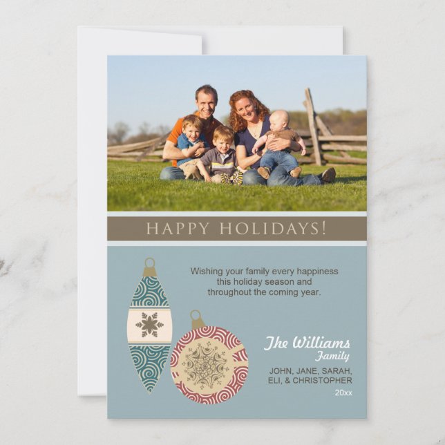 Tarjeta Festiva Ornaments Family Holiday Card (chocolate/azul) (Anverso)