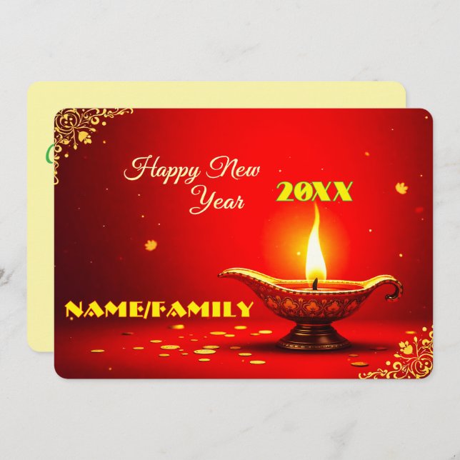Tarjeta Festiva Ornate Diya – Warm Golden New Year (Anverso / Reverso)