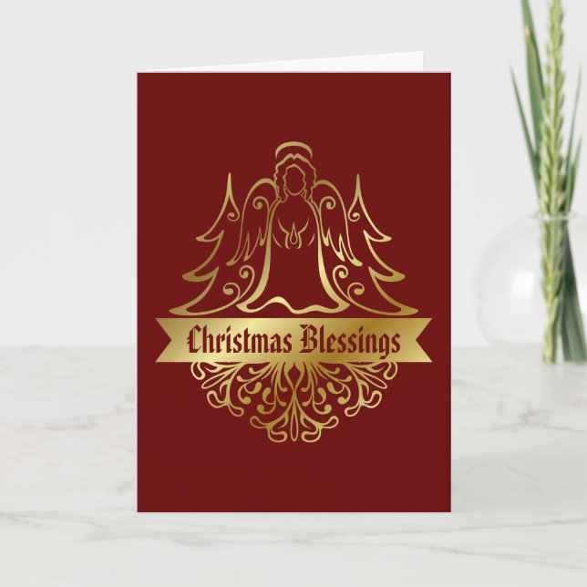 Tarjeta Festiva Ornate Gold Angel Navidades Bendición Roja (Anverso)