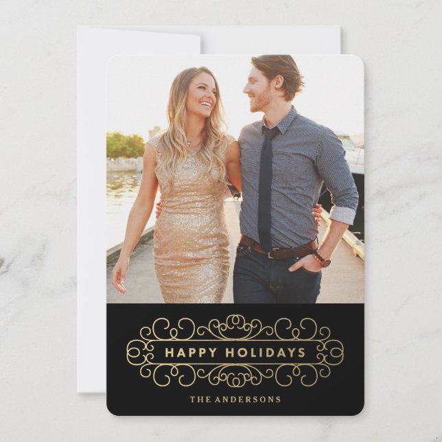 Tarjeta Festiva Ornate Holiday en negro (Anverso)