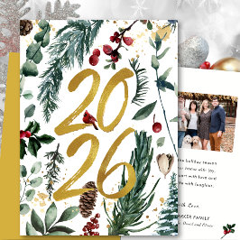 Tarjeta Festiva Oro 2025 Navidades festivos Pine Bough Red Photo