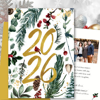 Tarjeta Festiva Oro 2025 Navidades festivos Pine Bough Red Photo