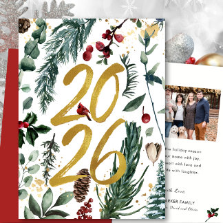 Tarjeta Festiva Oro 2025 Navidades festivos Pine Bough Red Photo