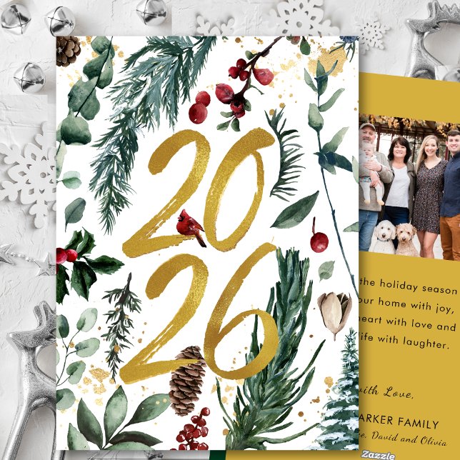 Tarjeta Festiva Oro 2025 Navidades festivos Pine Bough Red Photo (Subido por el creador)