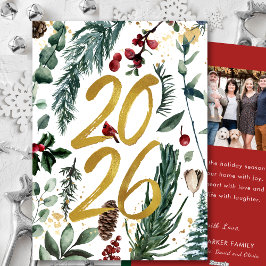 Tarjeta Festiva Oro 2025 Navidades festivos Pine Bough Red Photo