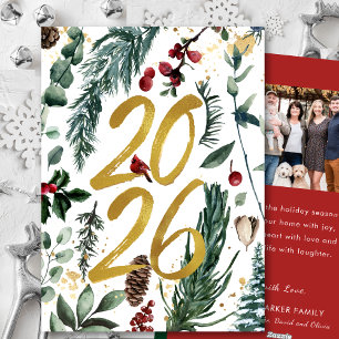 Tarjeta Festiva Oro 2025 Navidades festivos Pine Bough Red Photo