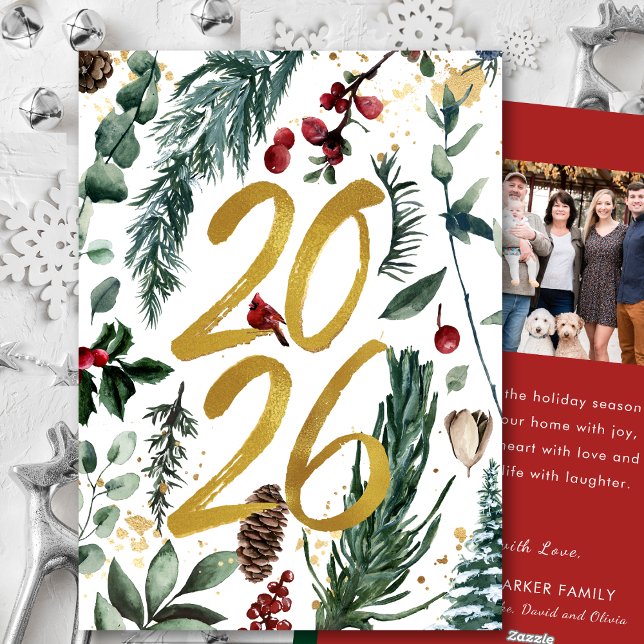 Tarjeta Festiva Oro 2025 Navidades festivos Pine Bough Red Photo (Subido por el creador)