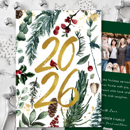 Tarjeta Festiva Oro 2025 Navidades festivos Pine Bough Red Photo