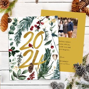Tarjeta Festiva Oro 2025 Navidades festivos Pine Bough Red Photo