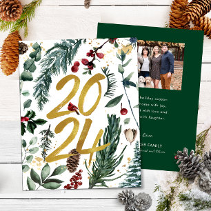 Tarjeta Festiva Oro 2025 Navidades festivos Pine Bough Red Photo