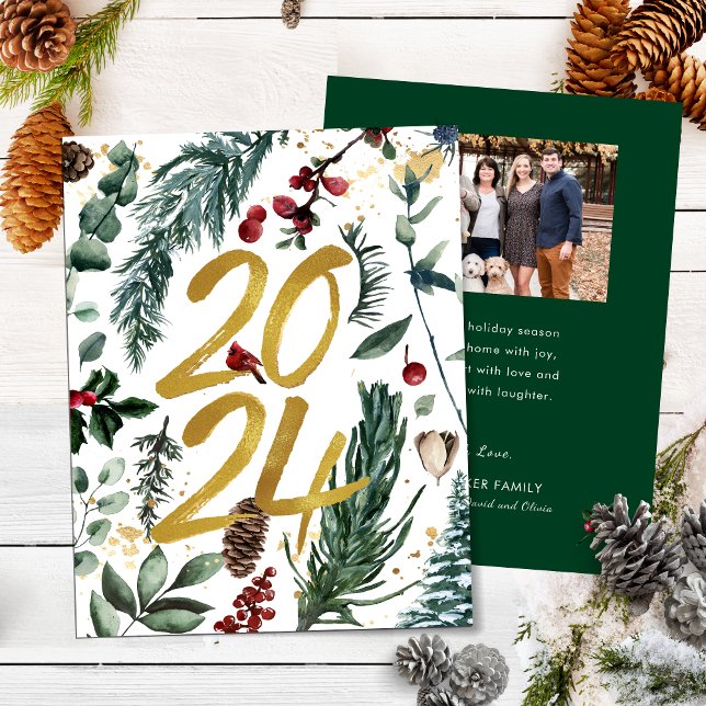 Tarjeta Festiva Oro 2025 Navidades festivos Pine Bough Red Photo (Subido por el creador)