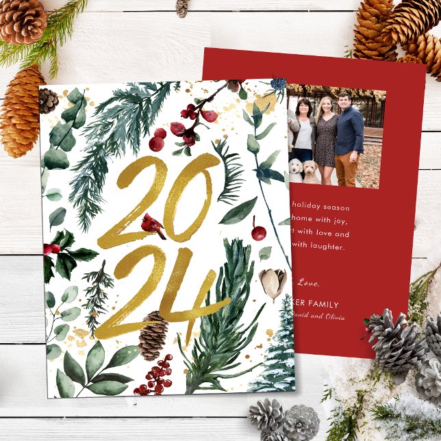 Tarjeta Festiva Oro 2025 Navidades festivos Pine Bough Red Photo (Subido por el creador)