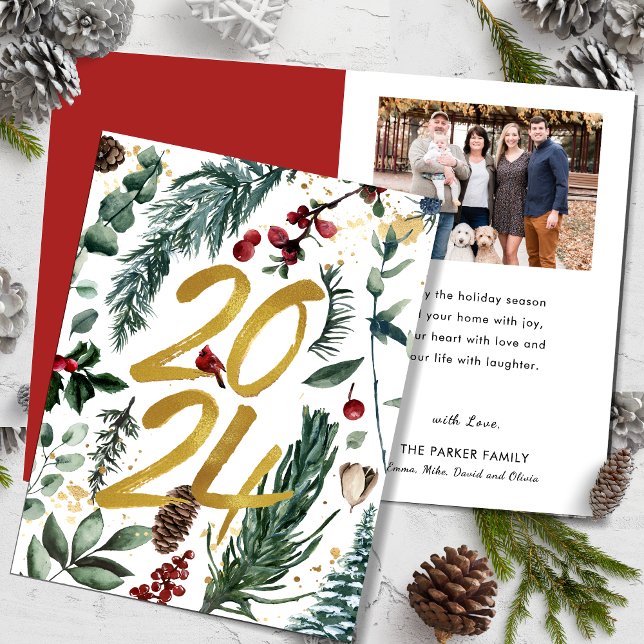 Tarjeta Festiva Oro 2025 Navidades festivos Pine Bough Red Photo (Subido por el creador)