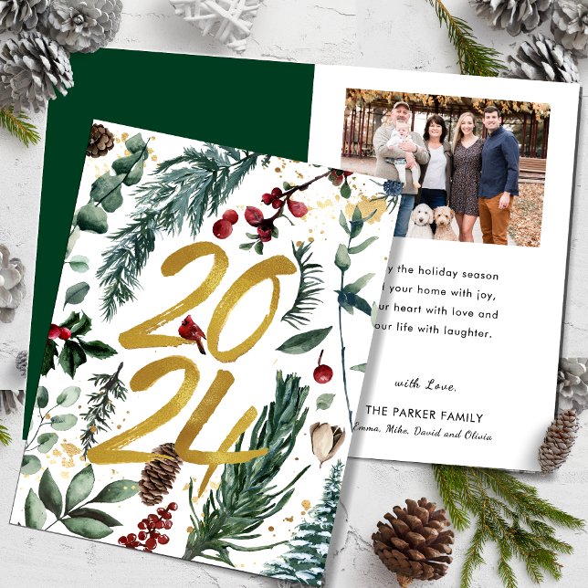 Tarjeta Festiva Oro 2025 Navidades festivos Pine Bough Red Photo (Subido por el creador)