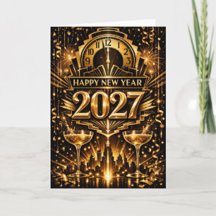 Tarjeta Festiva Oro Audaz Arte Deco Ciudad Año Nuevo 2027