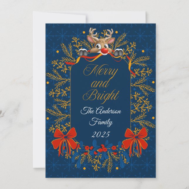 Tarjeta Festiva Oro azul oscuro Elegante Navidades merry y brillan (Anverso)