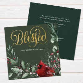 Tarjeta Festiva Oro BENDIDO | Árbol De Pino De Pájaros Del Cardena