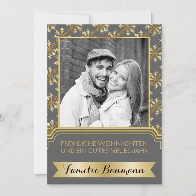 Tarjeta Festiva Oro, copo de nieve gris, foto de Frohnachten (Anverso)