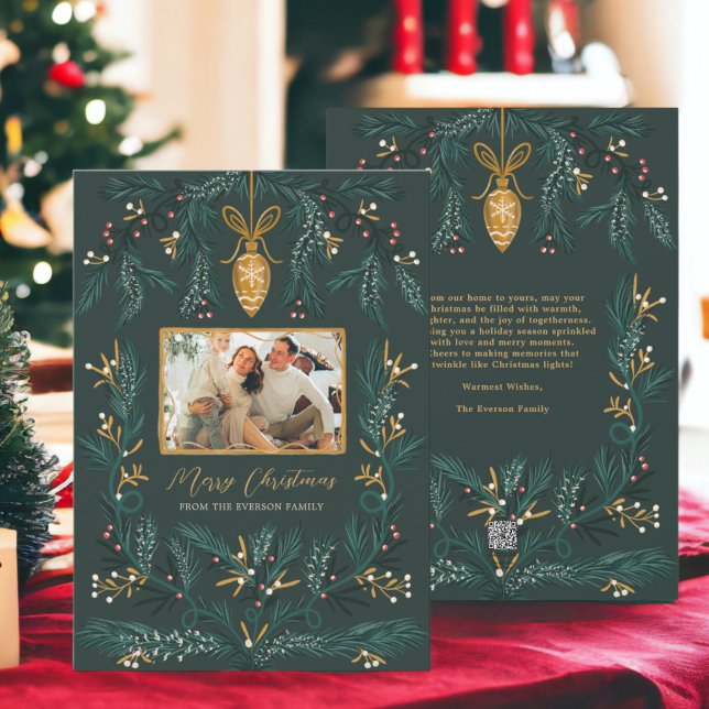 Tarjeta Festiva Oro de ilustracion de pino verde Foto Feliz Navida (Green pine illustration gold Photo Merry Christmas Holiday Card)