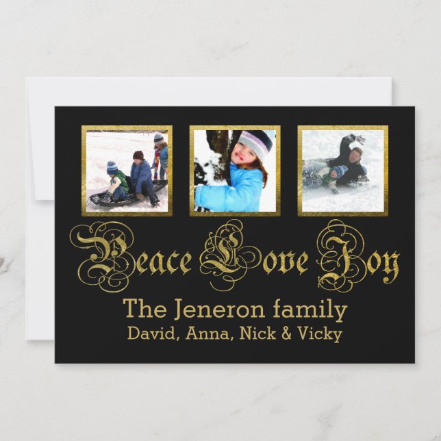 Tarjeta Festiva Oro de Peace Love Joy, Navidades negros Groupon fo (Anverso)
