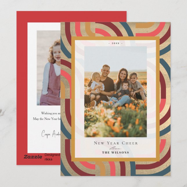 Tarjeta Festiva Oro geométrico máximo retro 2 foto Año nuevo (Anverso / Reverso)